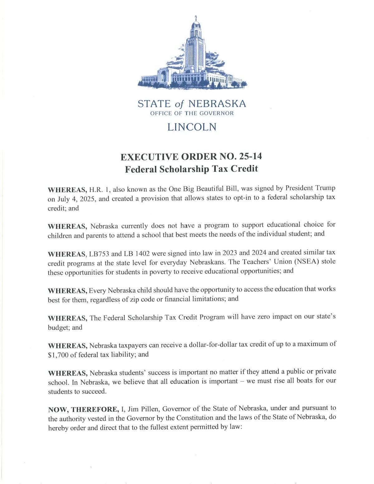 Executive Order Opting into Federal Scholarship Tax Credit Page 1