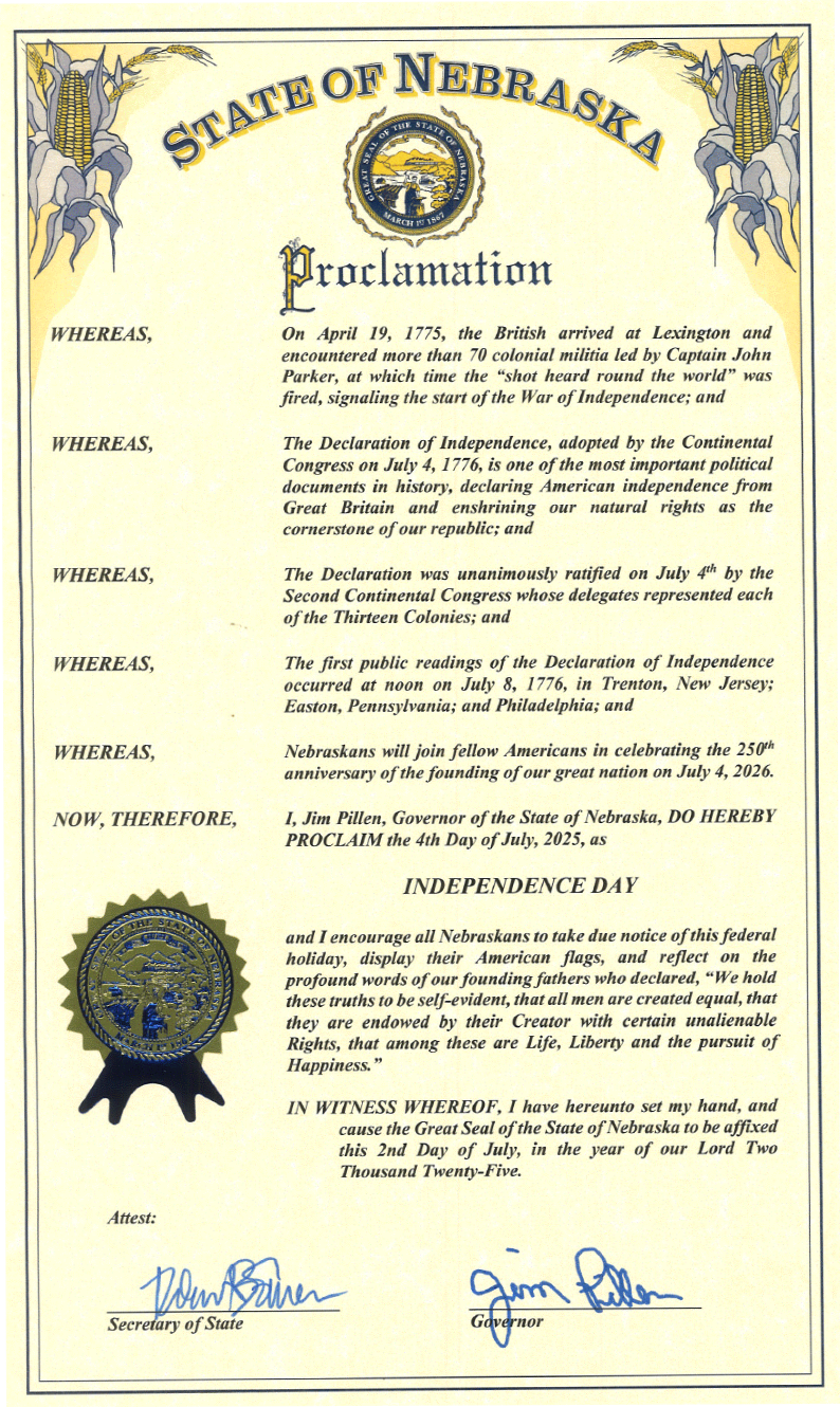 Governor Pillen Issues Independence Day Proclamation