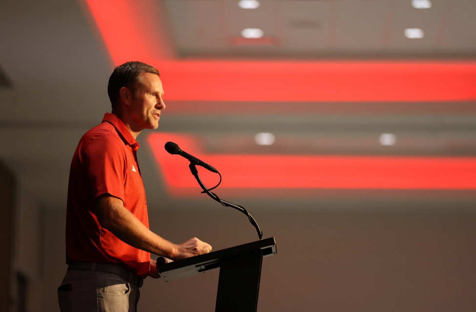 Husker Men’s Basketball Coach Fred Hoiberg speaks to attendees at Governor’s Summit in Kearney.