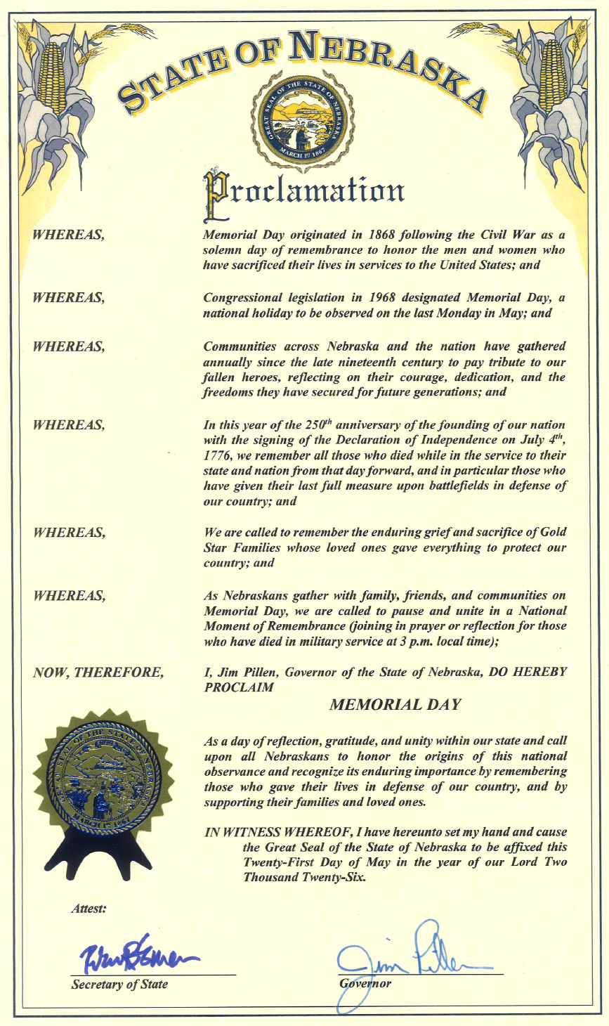 Governor Jim Pillen's Proclamation to Fly Flags at Half-Staff in Observance of Memorial Day