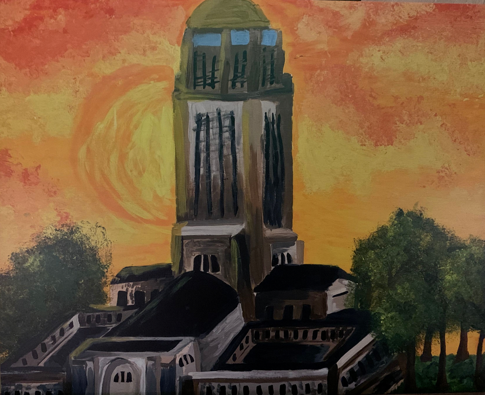Artwork from a grade school student displaying the Capitol Building as the sun sets to an orange sky. Trees surround the sides of the building. 