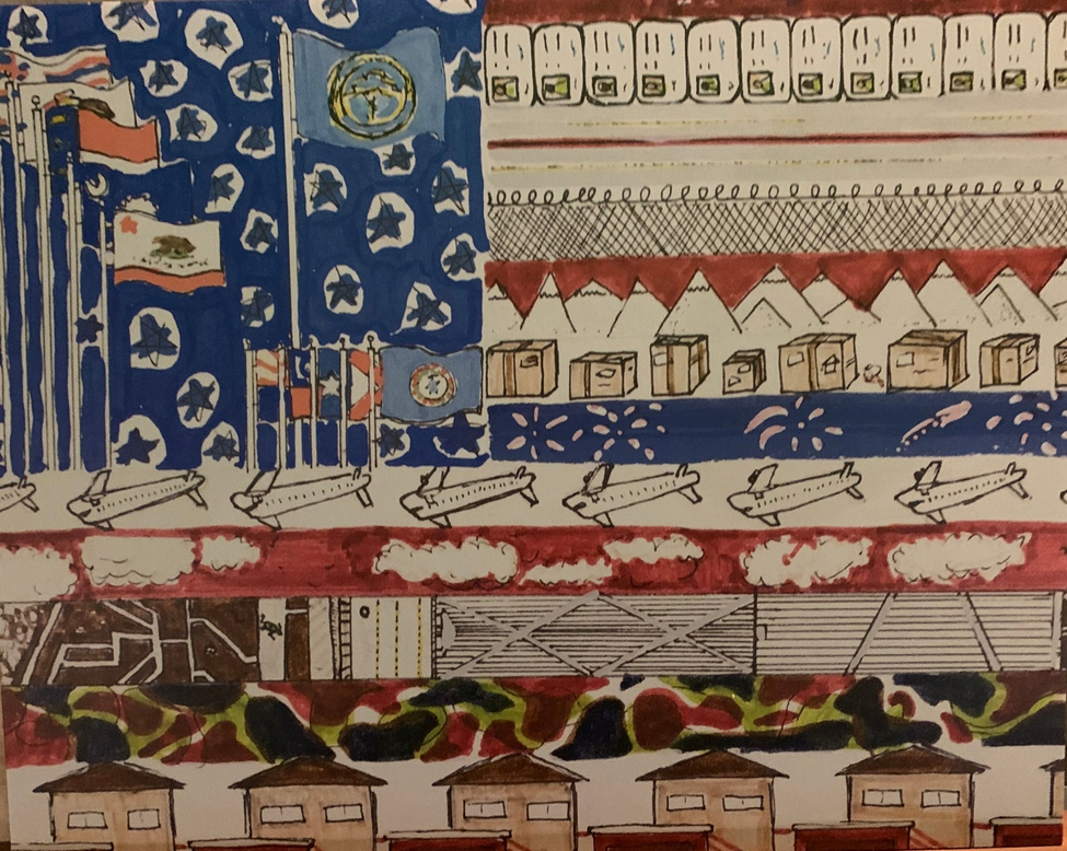 Artwork from a grade school student displaying from top left to lower right a Hodge podge of items beginning with a Nebraska flag against a star background surrounded by more flags, ID cards, a fence with barber wire, snow capped mountains, packages, fireworks, airplanes, clouds, farmland, and a row of houses.