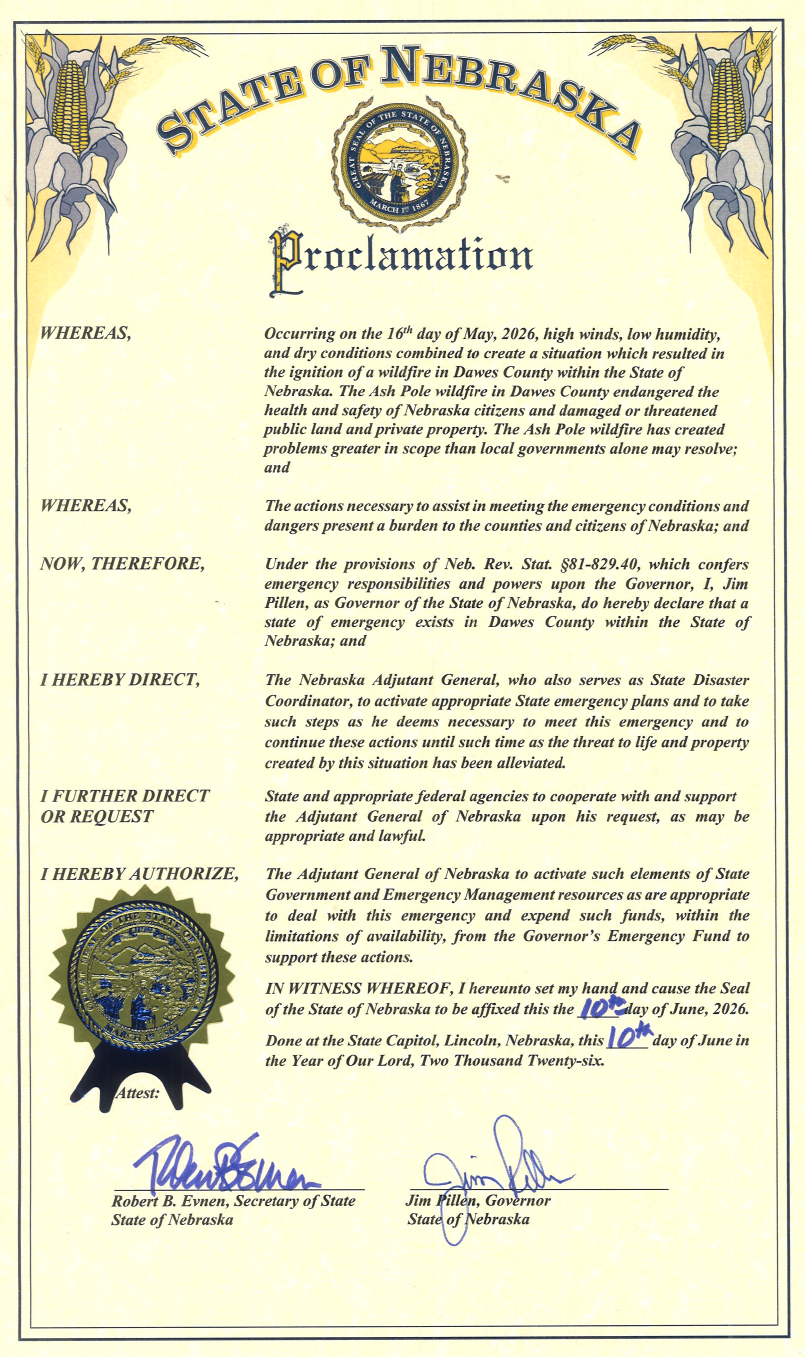 Gubernatorial emergency declaration regarding the Ash Pole Wildfire, directing state action for emergency relief in accordance with Nebraska Law for the duration of the emergency.