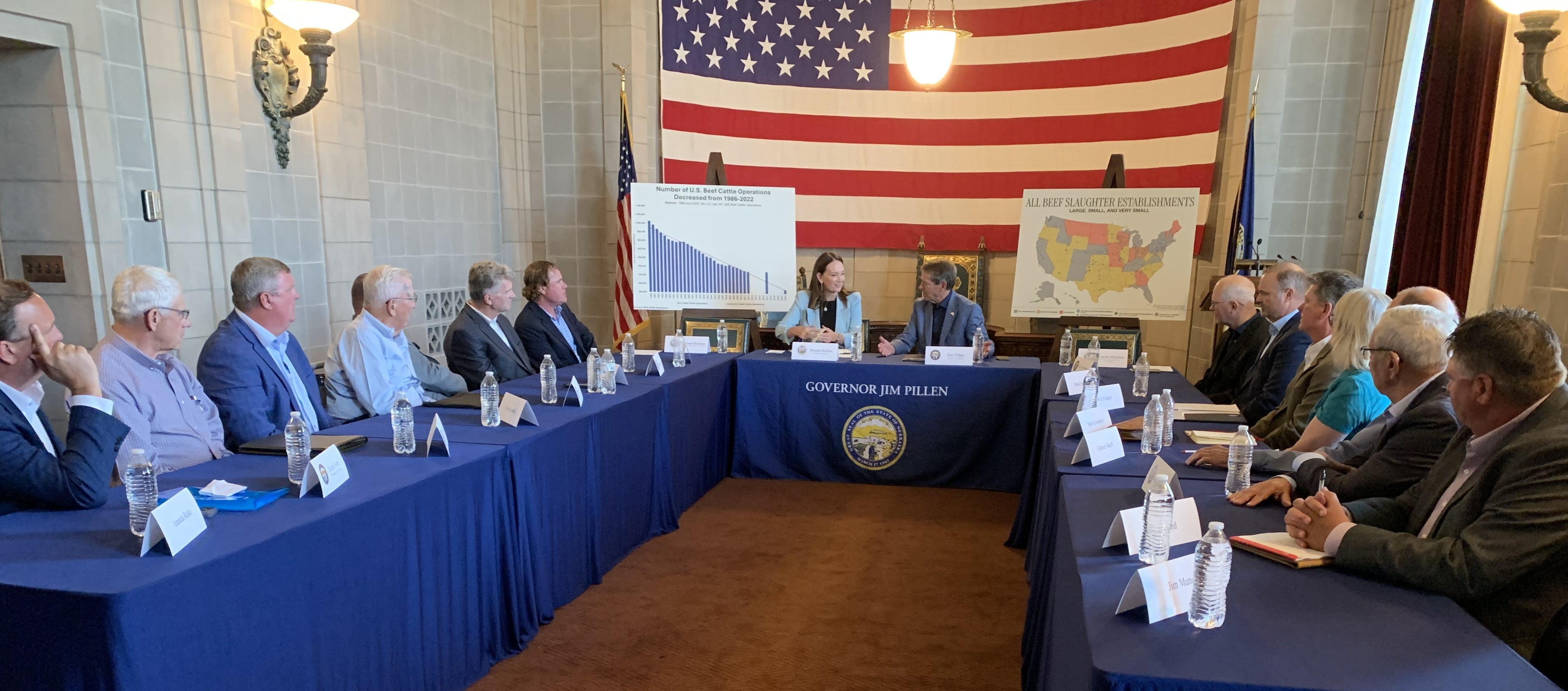 A large group of people sits around U-shaped tables during a formal roundtable meeting, with Governor Jim Pillen and U.S. Department of Agriculture Secretary Brooke Rollins seated at the head. An American flag hangs prominently behind the group, alongside presentation boards showing cattle industry data and a map of U.S. beef slaughter establishments.