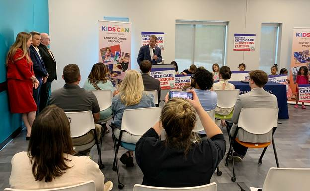 Governor Jim Pillen speaks at the signing ceremony at the Kids Can Community Center in Omaha.