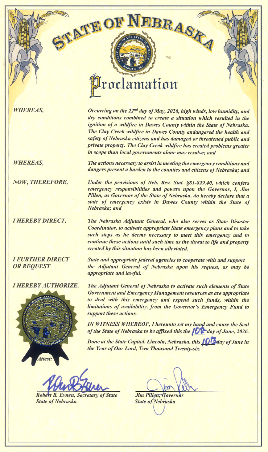 Gubernatorial emergency declaration regarding the Clay Creek Wildfire, directing state action for emergency relief in accordance with Nebraska Law for the duration of the emergency.
