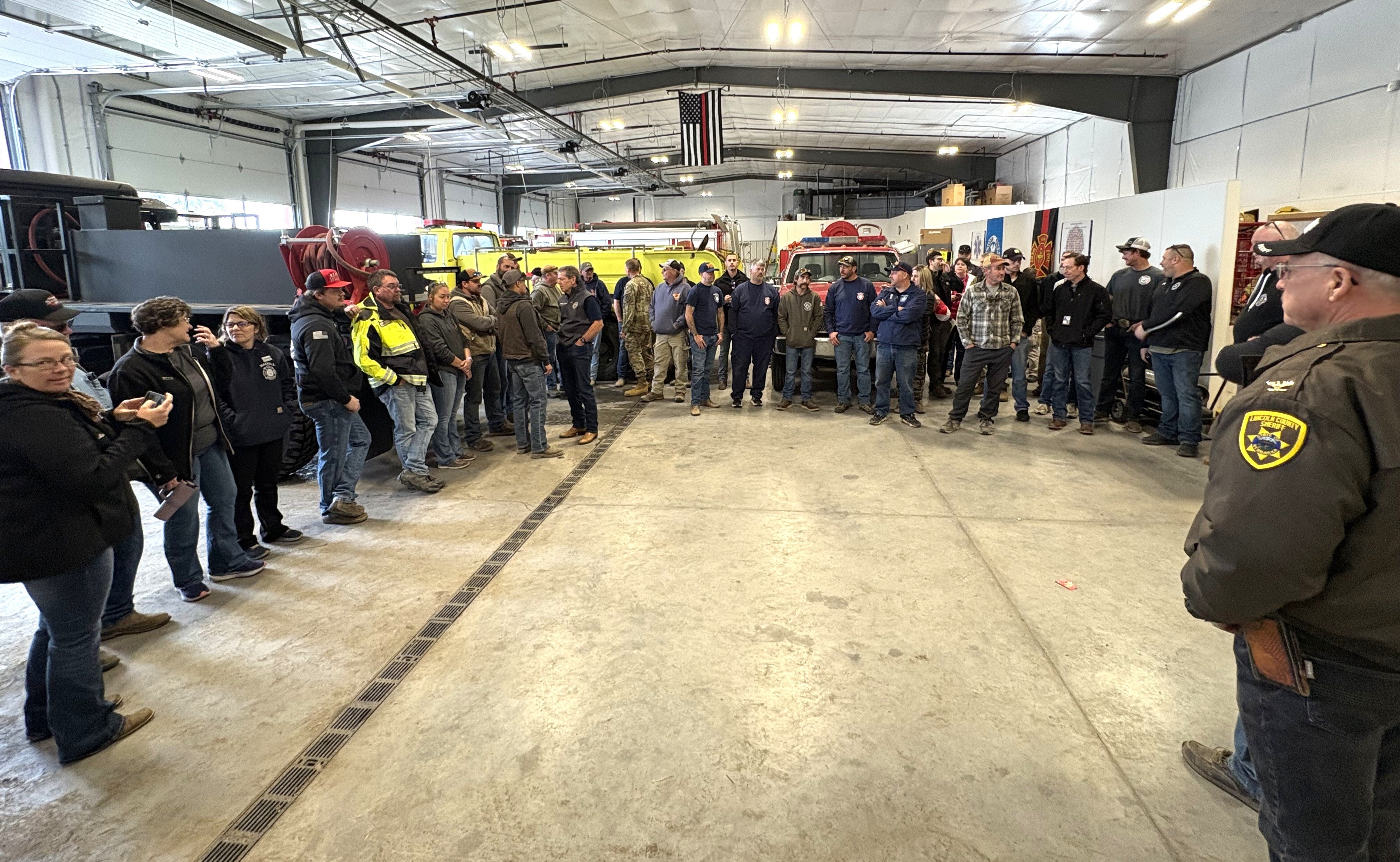 Governor Pillen and Maj. Gen. Strong met with emergency management representatives, members of the Nebraska State Patrol, firefighters, and county and village leadership from Brady and other nearby communities in the Brady Fire Hall..