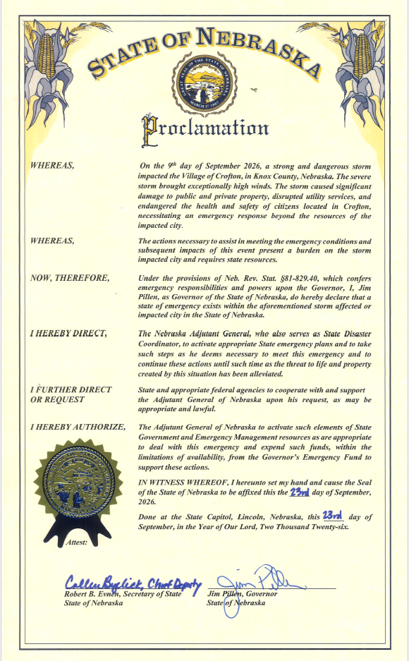 Emergency Proclamation regarding severe storms in Crofton, Nebraska, September 9th.