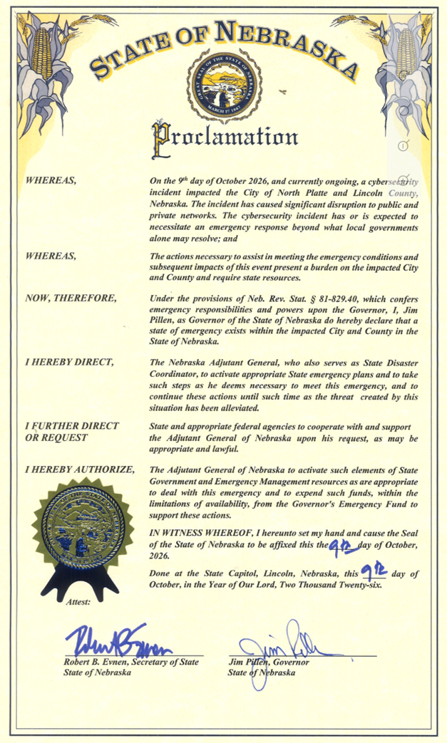 Emergency Proclamation Following Cyber Security Incident