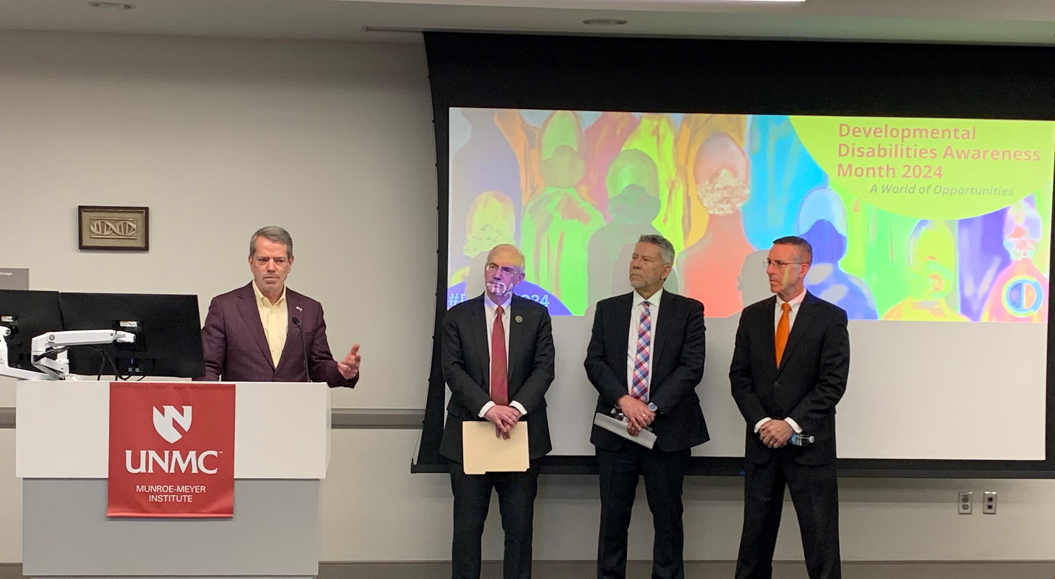 Governor Jim Pillen was joined by UNMC Chancellor Jeffrey Gold; Steve Green, Deveopmental Disabilities Director for DHHS; and DHHS CEO Steve Corsi.