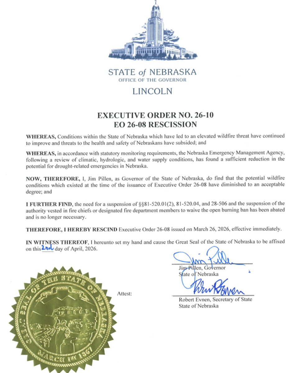 Executive Order 26-08 Rescinding Burn Ban