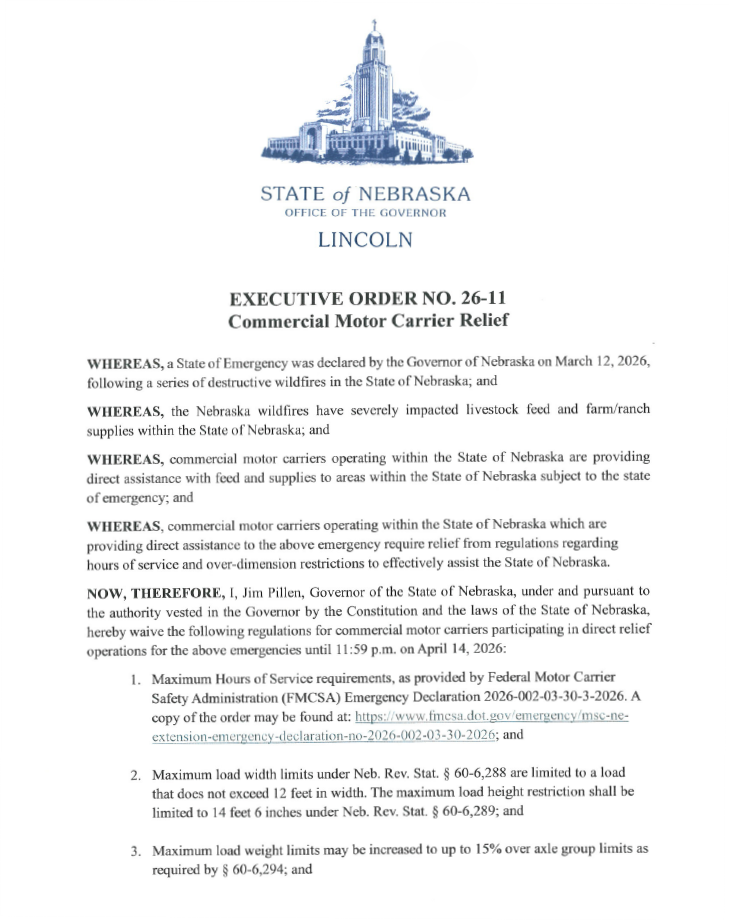 Executive Order No. 26-11 - Commercial Motor Vehicle Carrier Relief - Page 1