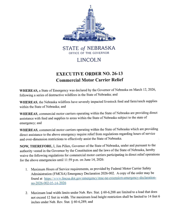 Executive Order 26-13 - Commercial Motor Carrier Relief
