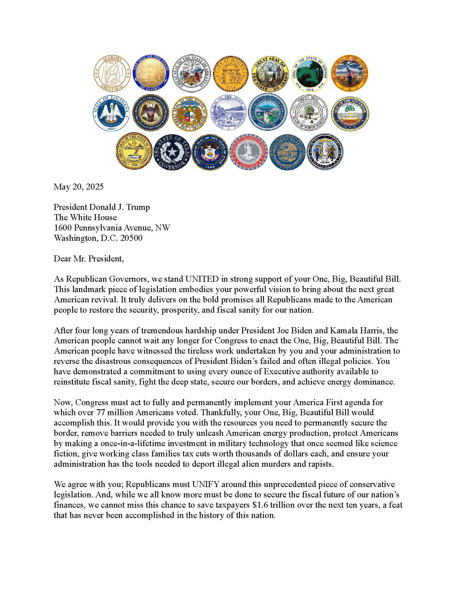 Joint Governors Letter to President Trump Page 1