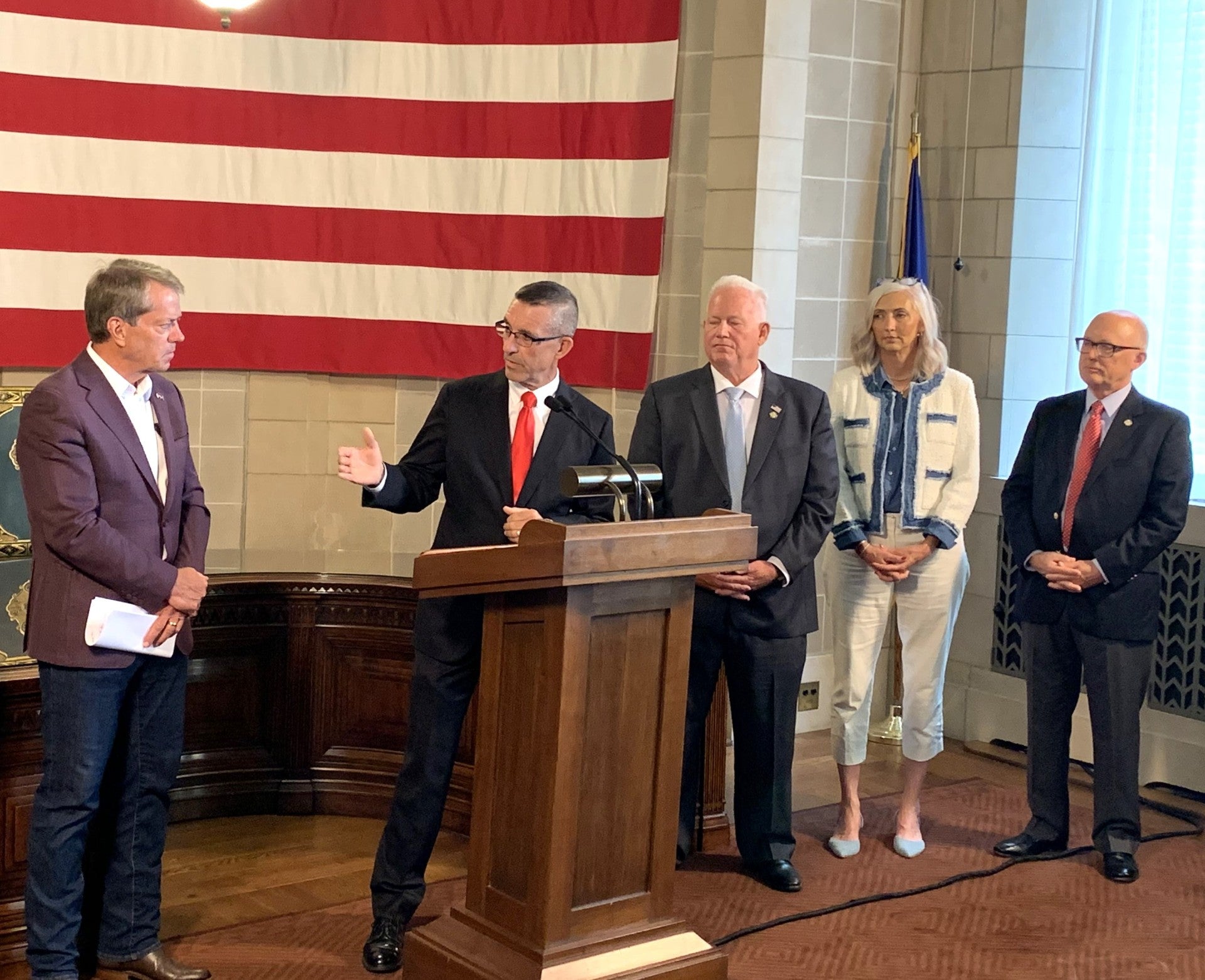 Governor Jim Pillen was joined by agency leadership and state senators in highlighting bills that will help increase government efficiency.