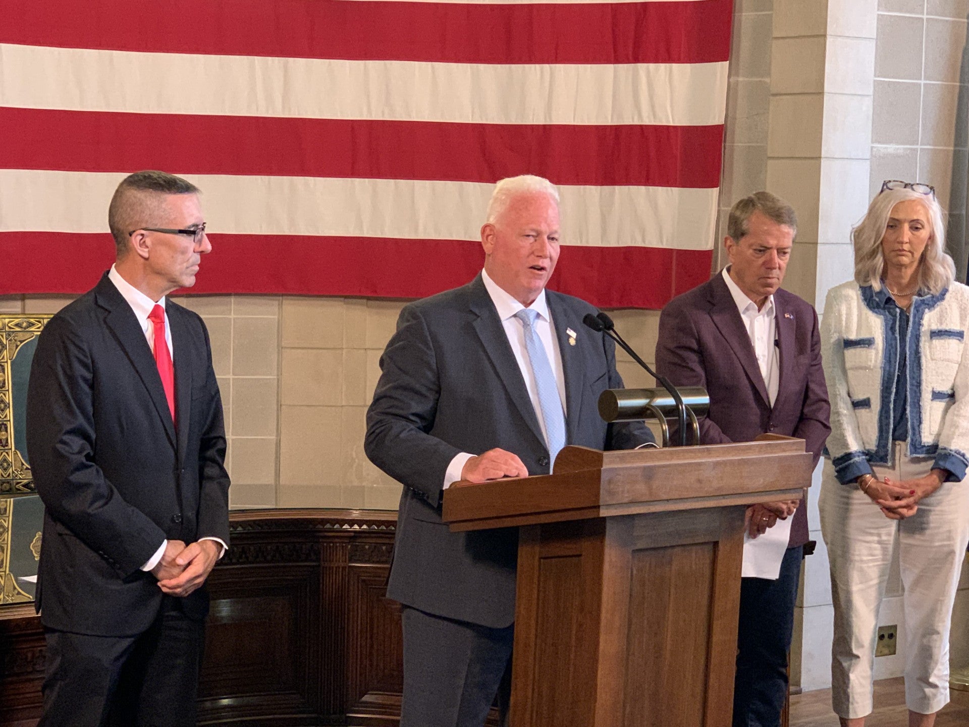 Governor Jim Pillen was joined by agency leadership and state senators in highlighting bills that will help increase government efficiency.