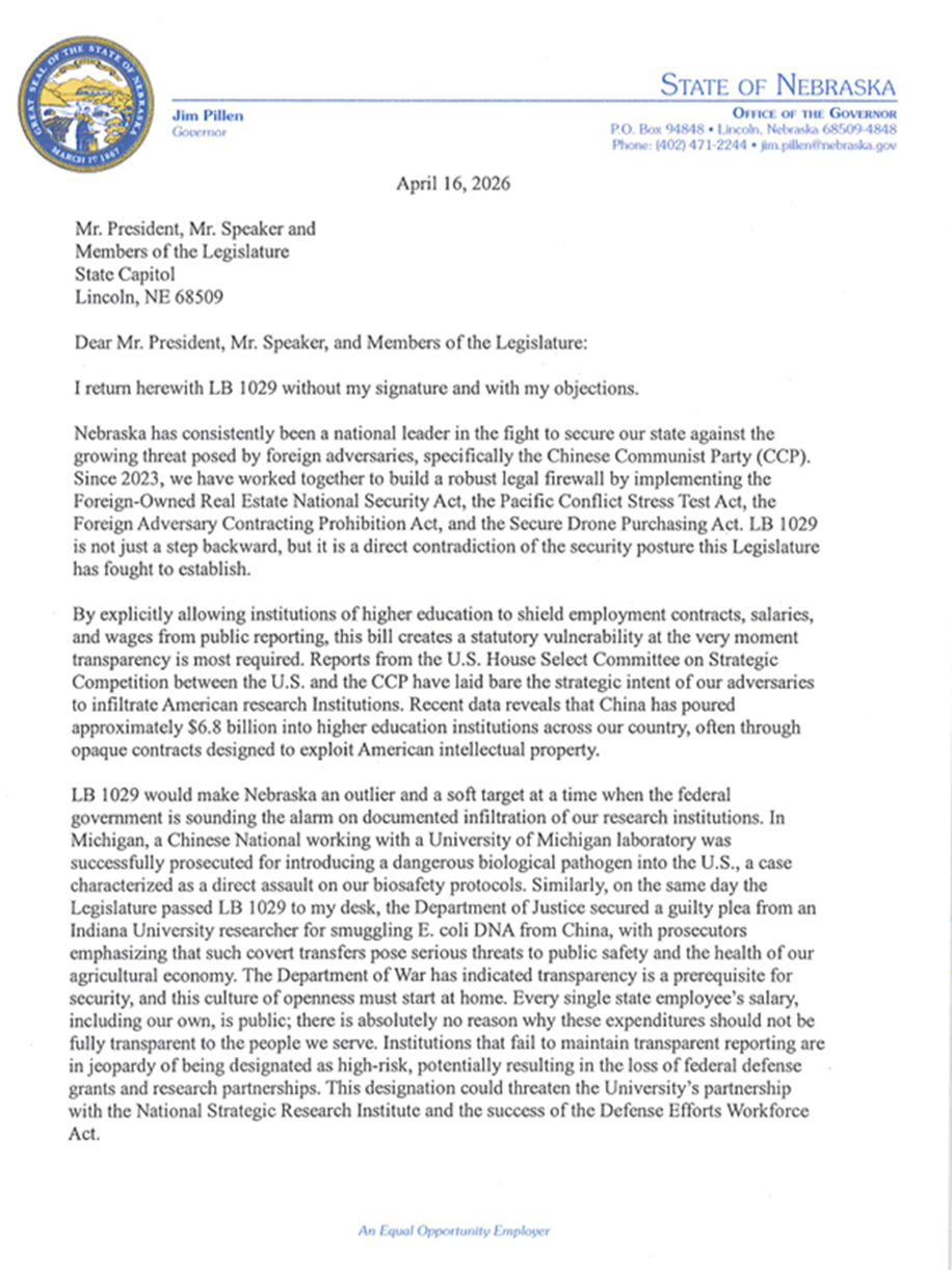 Image of LB 1029, legislation that would exclude compensation, salaries, and wages from being disclosed by Nebraska’s colleges and universities when contracting with foreign adversarial sources.