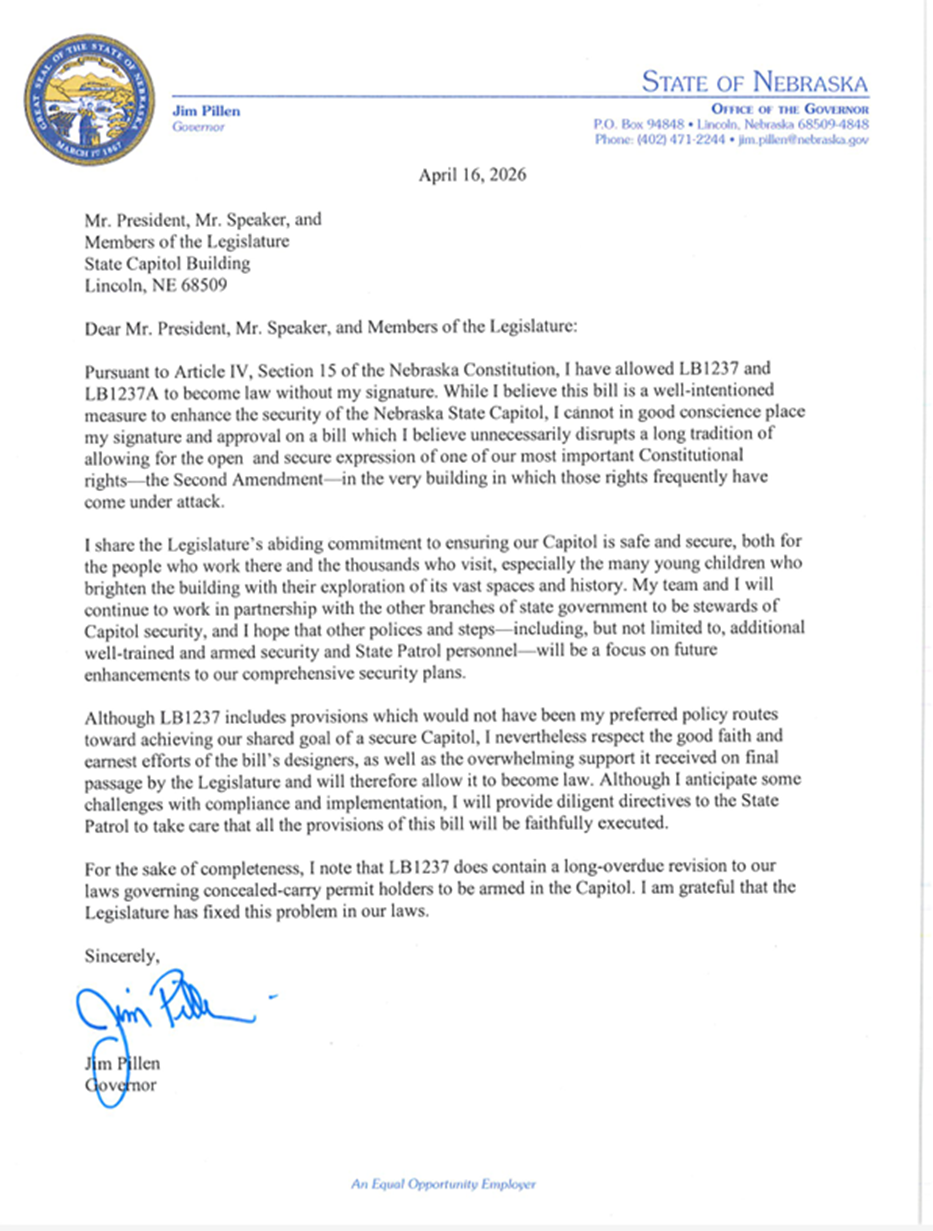 Image of LB 1237 which assigns the Nebraska State Patrol responsibility for implementing security procedures at the Nebraska State Capitol.