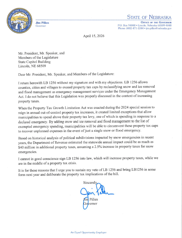 Image of Governor Pillen's Veto Letter for LB1256 dealing with allowing for towns to increase property taxes for snow removal, ice removal, and flood management as emergency management services.