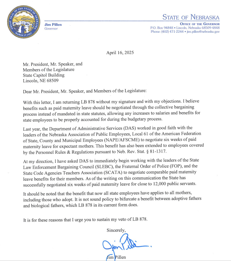 Image of LB 878 which intended to Place the State’s Current Maternity Leave Policy into Statute.