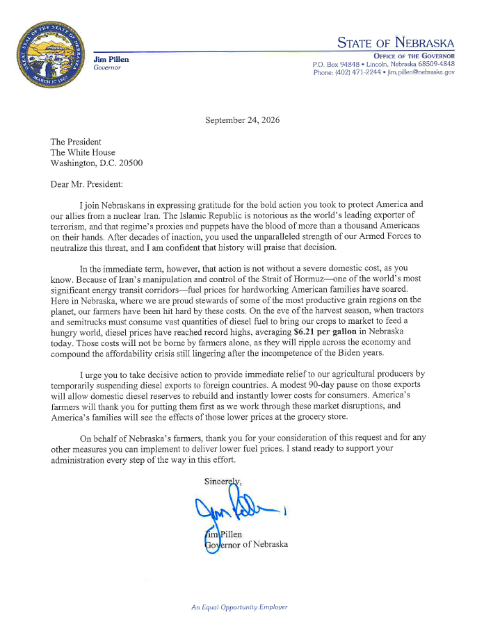 Letter from Governor Pillen to President Trump