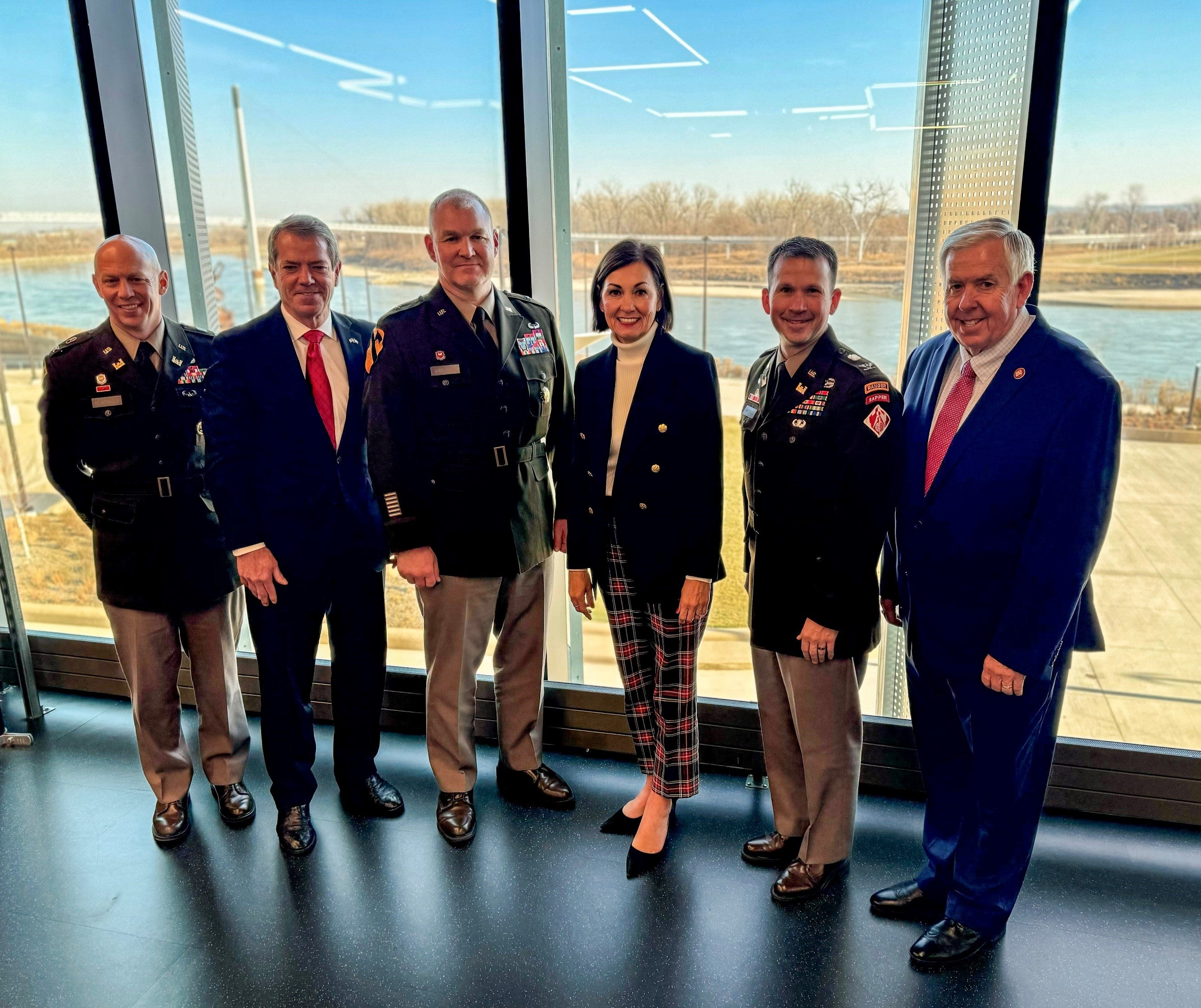 L to R: Colonel Robert Newbauer, Governor Jim Pillen, Brigadier General Geoff Van Epps, Governor Kim Reynolds, Colonel Travis Rayfield, and Governor Mike Parson