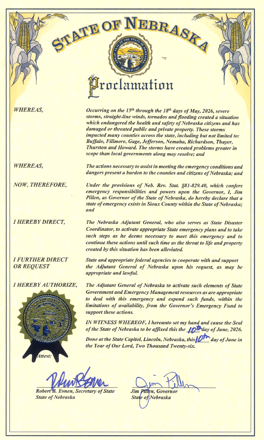 Gubernatorial emergency declaration regarding severe weather in Nebraska during May 15th through the 18th, directing state action for emergency relief in accordance with Nebraska Law for the duration of the emergency.