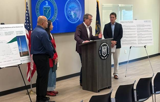 Gov. Pillen addresses attendees at news conference touting investments through the Grid Resilience State and Tribal Formula Grant program.