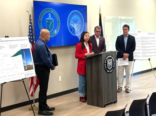 Asst. Sec. Jereza addresses attendees at news conference touting investments through the Grid Resilience State and Tribal Formula Grant program.