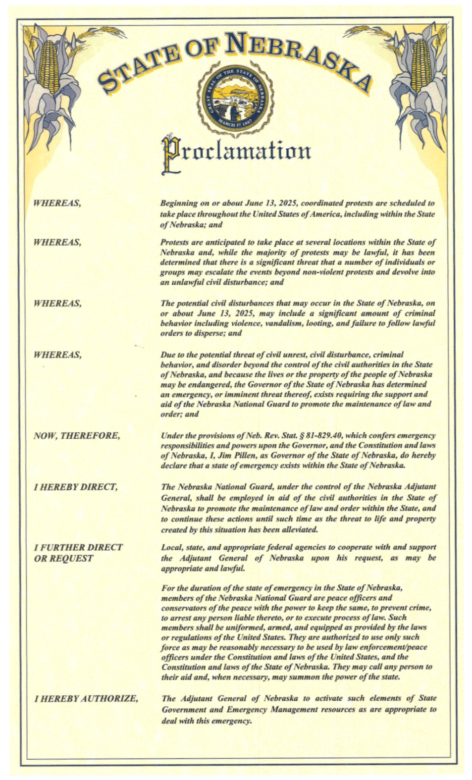 Gov. Pillen Issues Emergency Proclamation to Facilitate Activation of National Guard