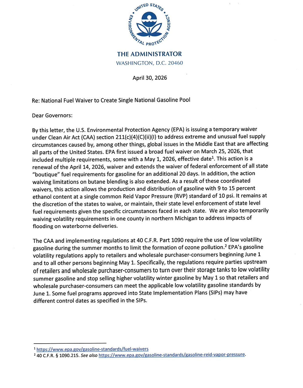 National Fuel Waiver letter by Lee M. Zeldin to create a single National Gasoline Pool - Page 1