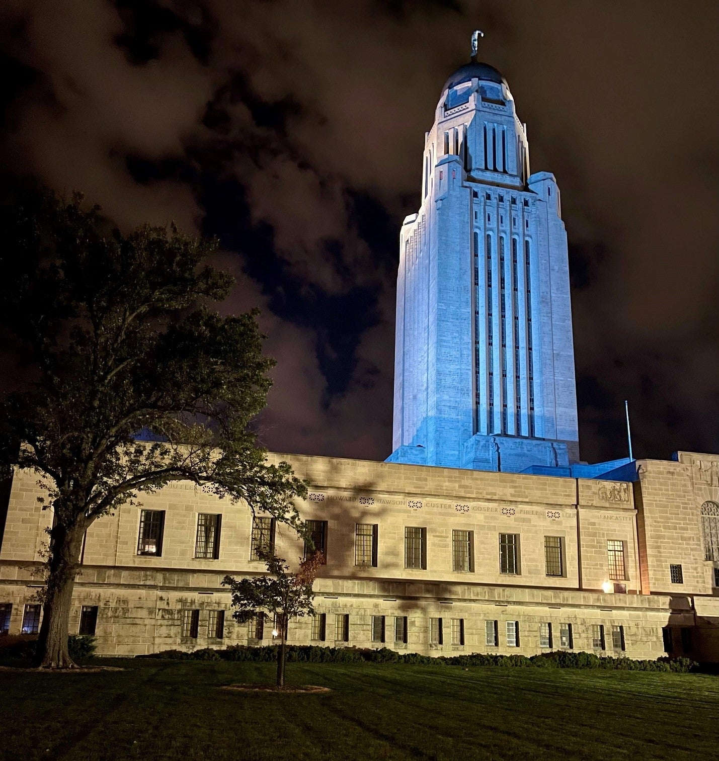 Capitol of the State of Nebraska lit up in blue light in support of Isreal.