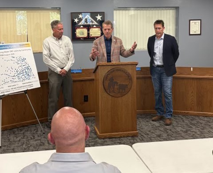 Governor Jim Pillen speaks with local representatives and highlighted state funding resources at a news conference in Ogallala. He was joined by Nebraska Department of Water, Energy, and Environment (DWEE) Director Jesse Bradley, Ogallala City Council President Steve Krajewski.