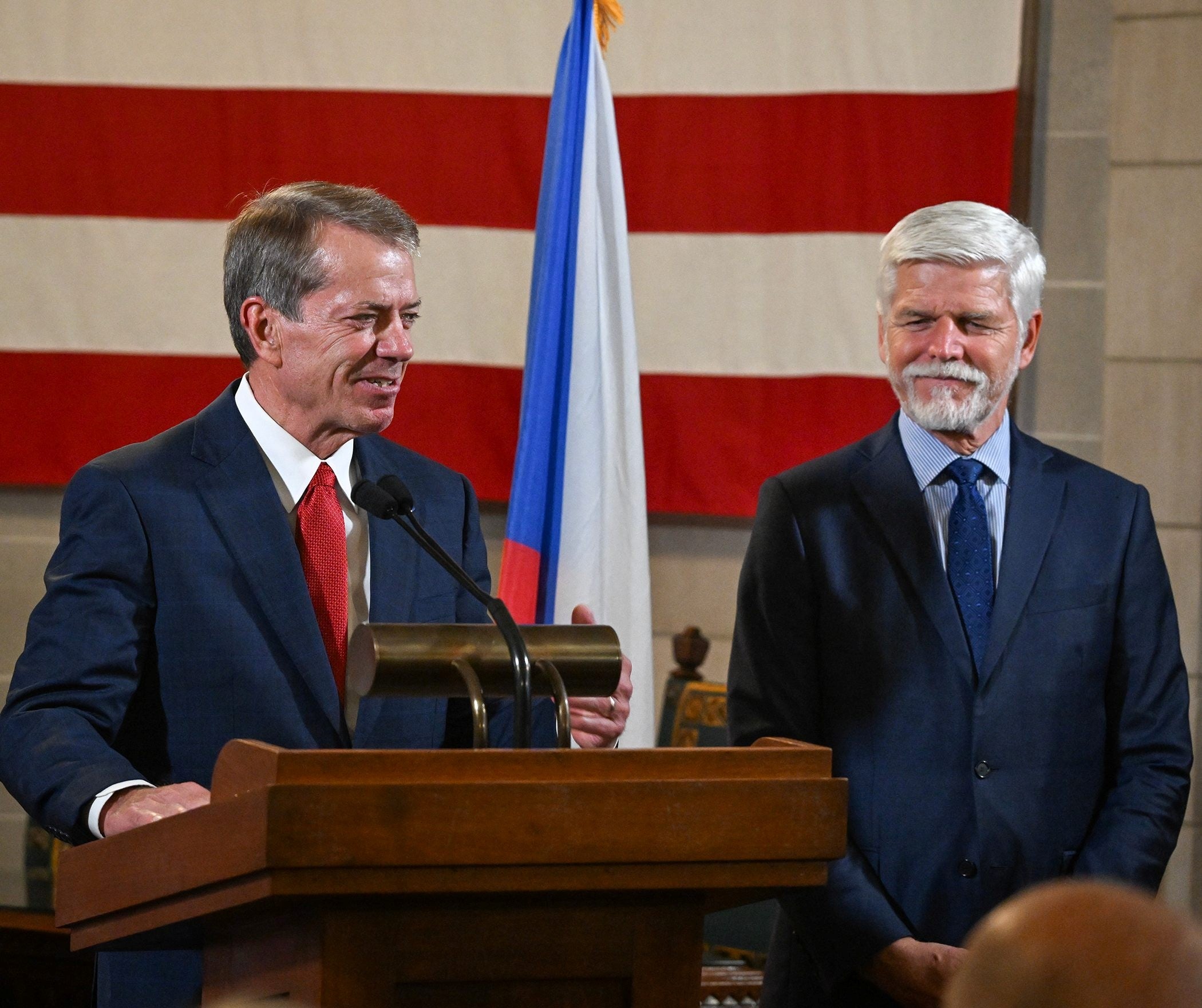 Gov. Pillen and President Pavel at news conference prior to Capitol reception.