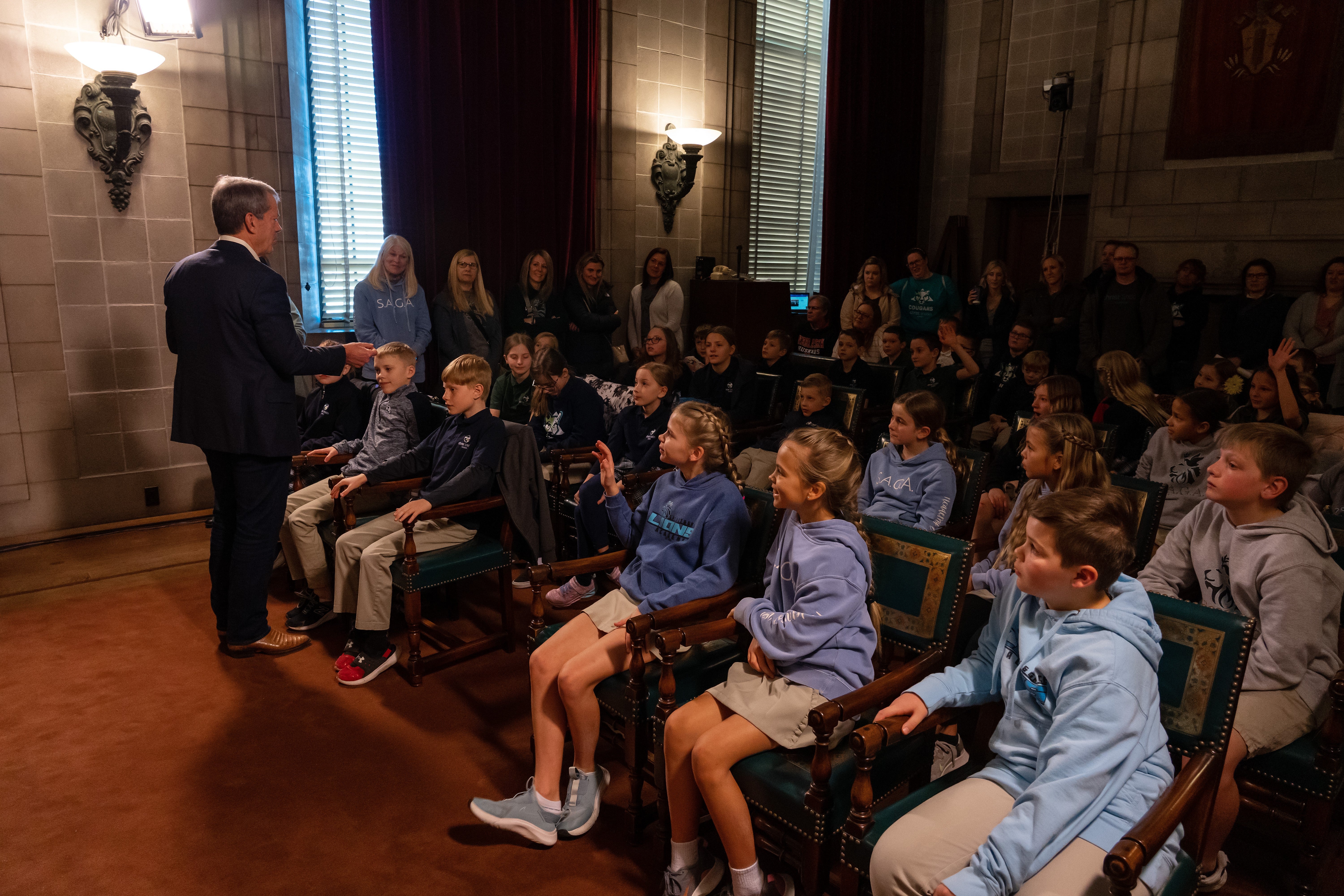 Governor Jim Pillen was joined by fourth graders to help celebrate Nebraska’s 156th Statehood Birthday and National Pig Day