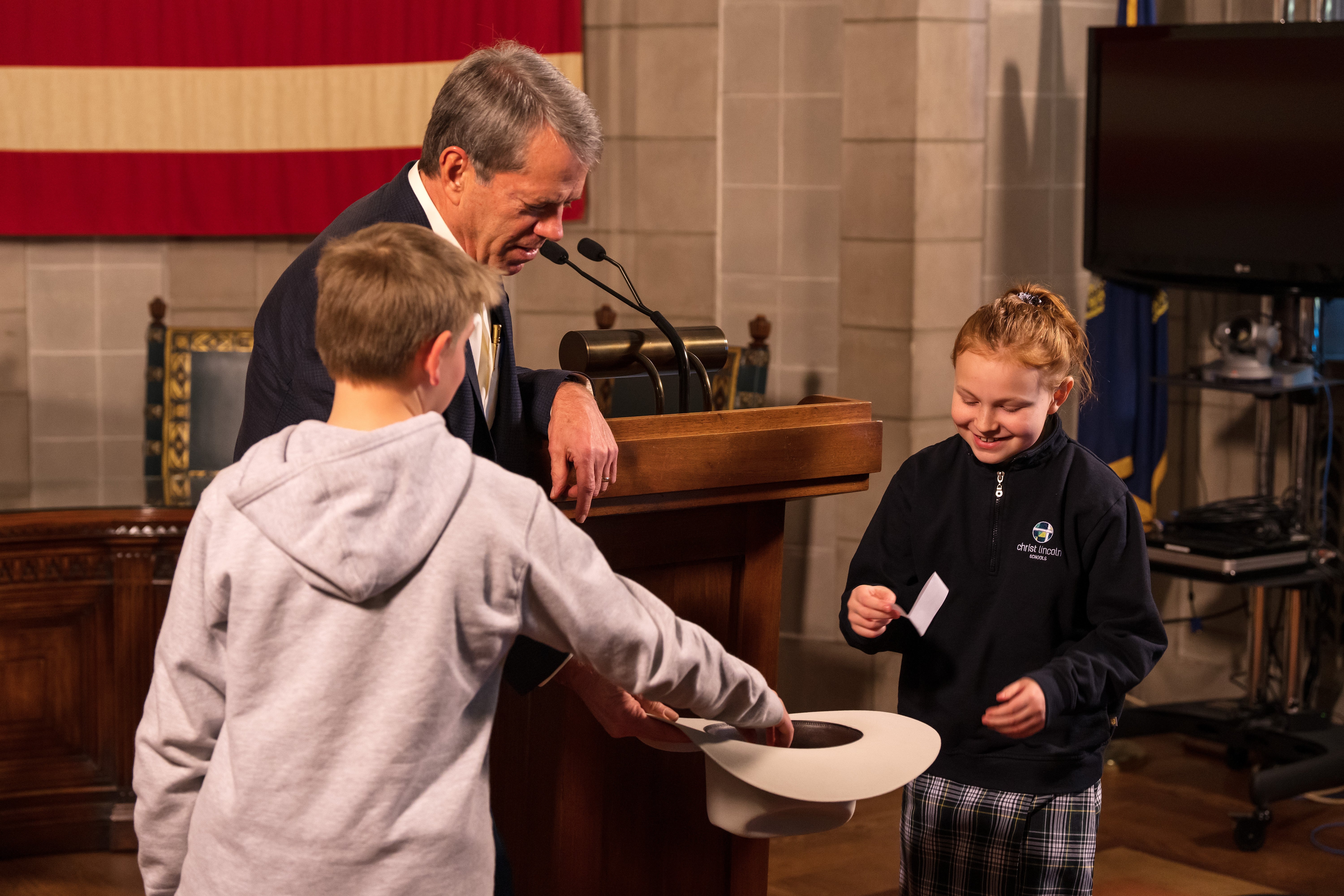 Governor Jim Pillen was joined by two fourth graders, representing Christ Lutheran School in Lincoln and Spirit and Grace Academy in Elkhorn