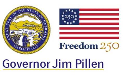 A decorative header depicting the Nebraska State Seal and the American flag design for the nation's semiquincentennial. Governor Jim Pillen's name is displayed below the images.
