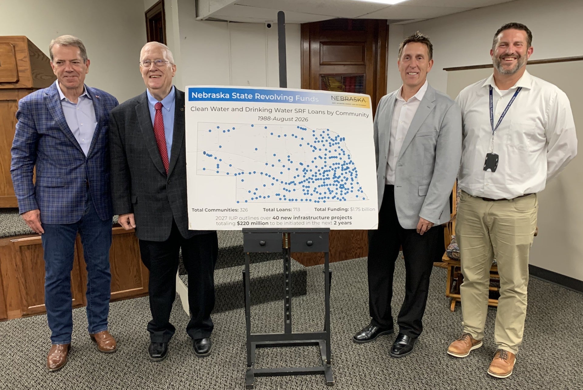 Governor Jim Pillen and Plattsmouth Mayor R. Paul Lambert stand to the left of the revolving funds poster, while DWEE Director Jesse Bradley and NEMA Recovery Section Administrator stand to the right. Additional information on the poster reads: Total Communities: 326 Total Loans: 713 Total Funding: $1.75 billion. 2027 IUP outlines over 40 new infrastructure projects totaling $220 million to be initiated in the next 2 years.