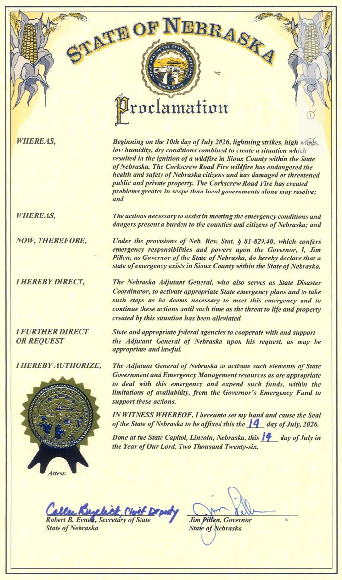Proclamation for the Corkscrew Road Wildfire in Sioux County, Nebraska. See the text version above for accessibility needs.
