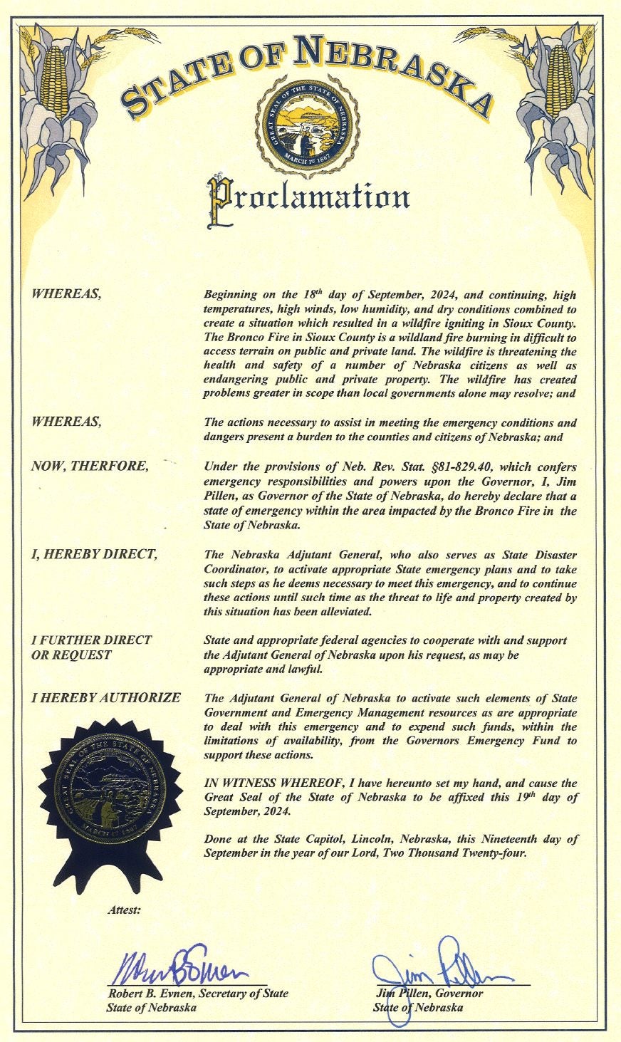 Proclamation Sioux County for the Bronco Fire near Crawford