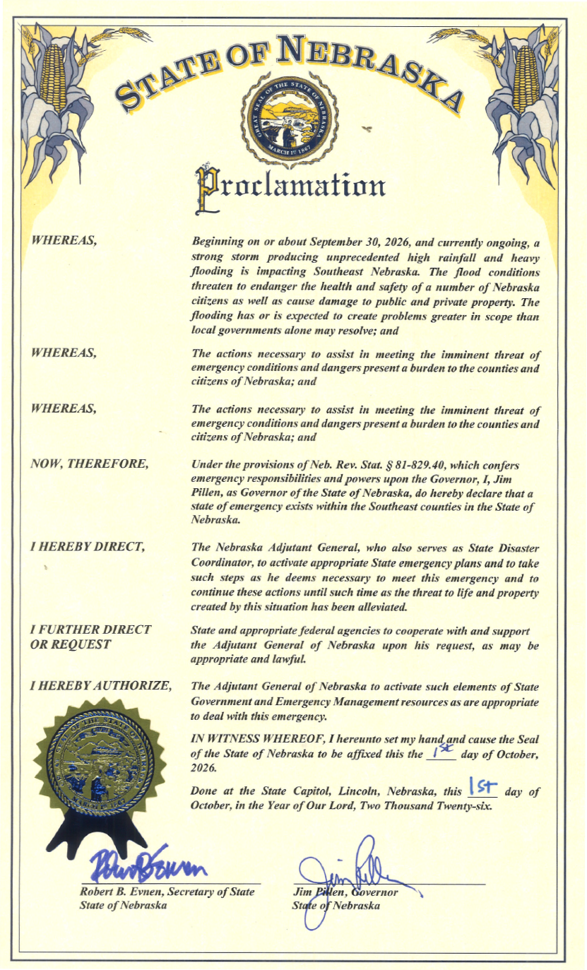 A copy of the proclamation signed by Governor Pillen while surveying the damage caused by flooding in Southeast Nebraska.