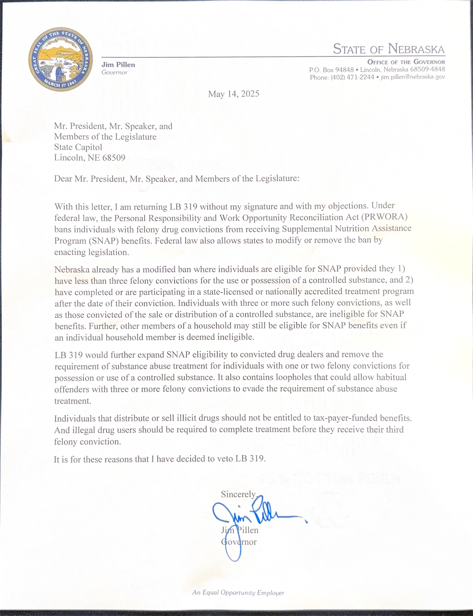 Veto letter
