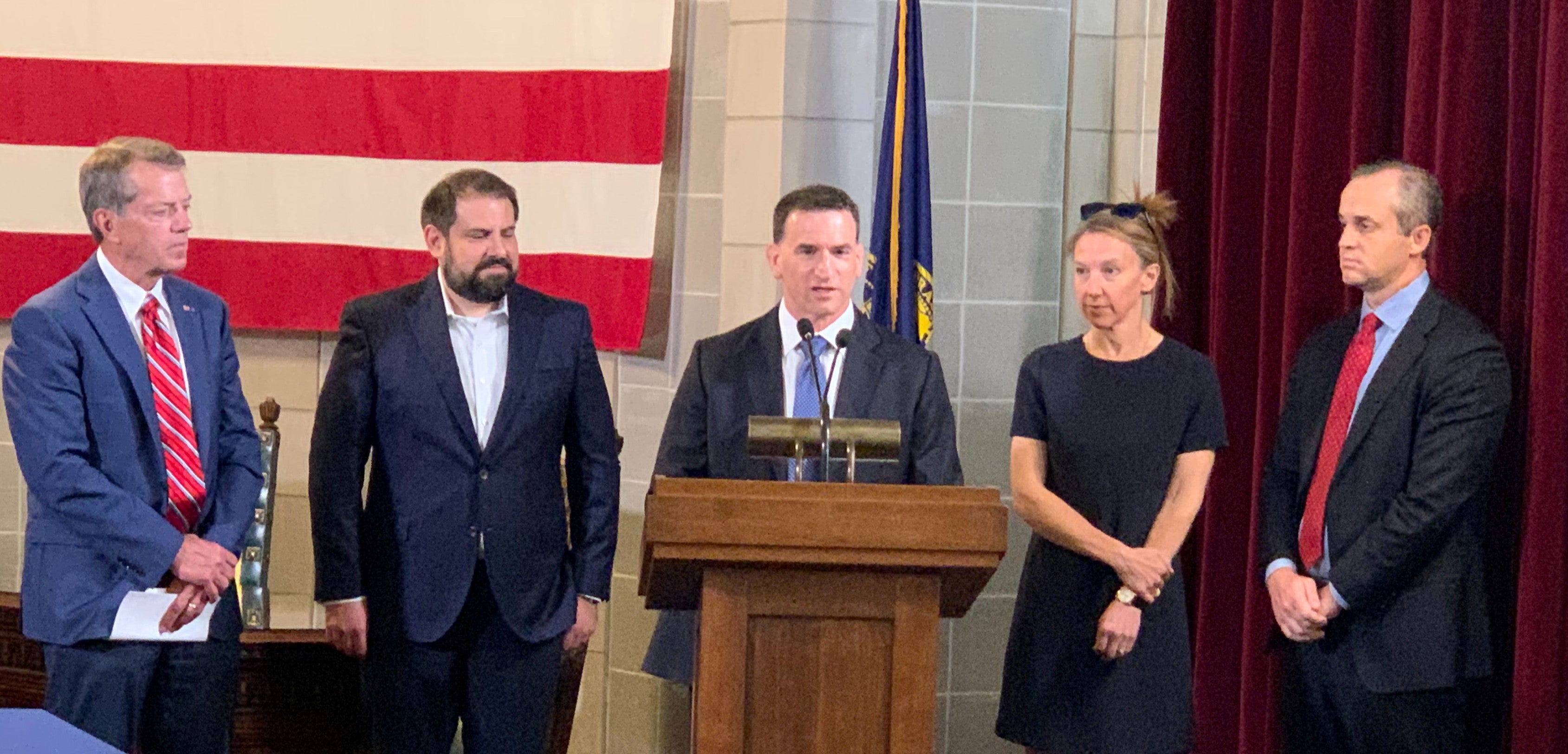  FBI Special Agent Eugene Kowel speaks at signing of LB 1096. Governor Jim Pillen and Senator Eliot Bostar are to his right, while Jackie Deal, with State Armor and founder, CEO, and Chairman of State Armor Michael Lucci are to his left.