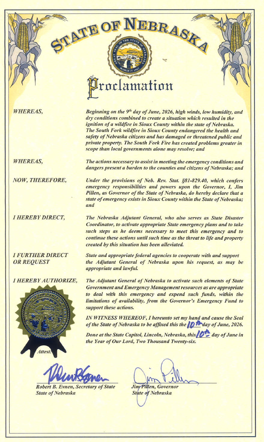 Gubernatorial emergency declaration regarding the South Fork Wildfire, directing state action for emergency relief in accordance with Nebraska Law for the duration of the emergency.