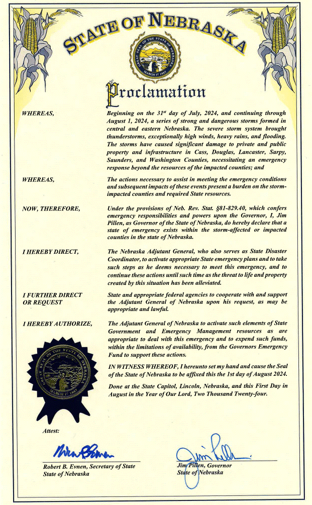 Proclamation for Central & Eastern Counties Impacted by Storms