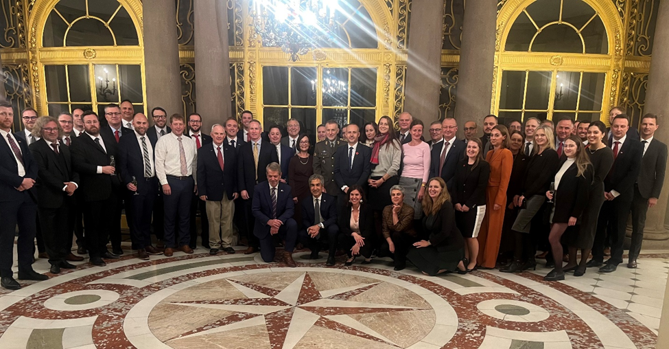 Gov. Pillen, NDA Director Vinton, delegation representatives and guests at the evening reception held at the residence of U.S. Ambassador Bijan Sabet. Sabet is in the first row, next to Gov. Pillen.