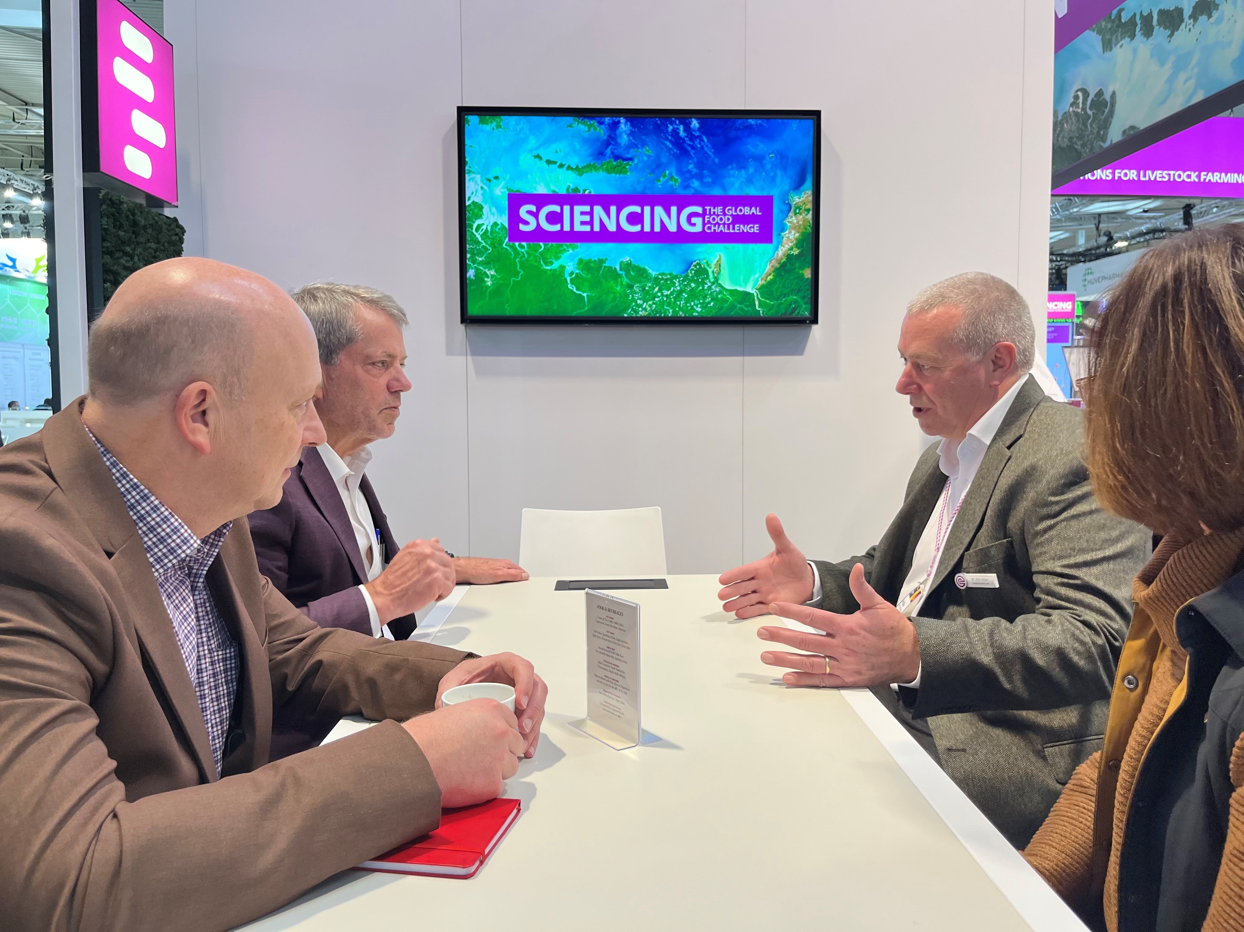 Gov. Pillen, Director of the Department of Economic Development KC Belitz, Director of the Department of Agriculture Sherry Vinton meet with Dr. Dirk Hohler of Evonik at EuroTier