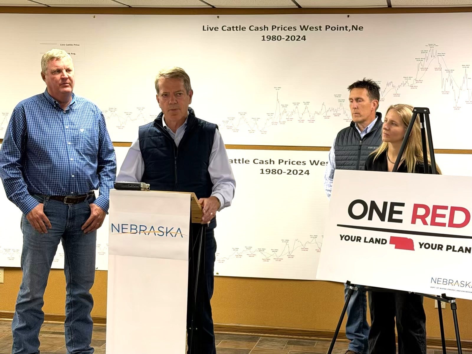 Governor Jim Pillen addresses an audience at a news Conference held on farmer Scott Knobbe’s property near West Point. He was joined by Mr. Knobbe, Nebraska Department of Water, Energy, and Environment (DWEE) Director Jesse Bradley, and Nebraska Corn Board Director of Innovation and Stewardship Rachael Whitehair.