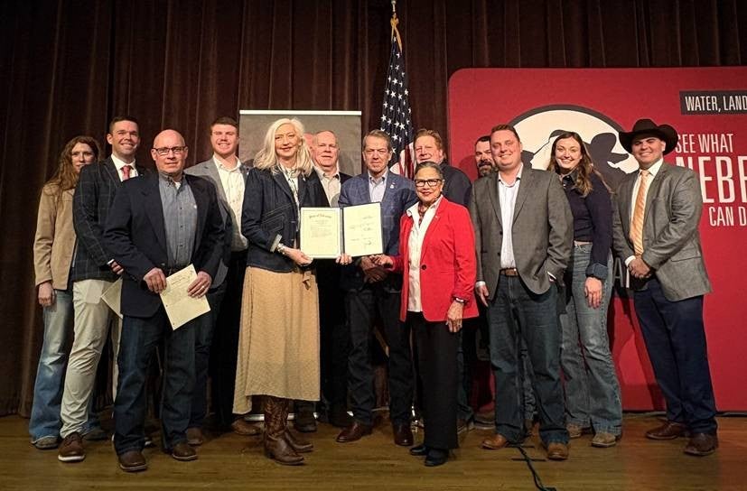 Gov. Pillen was joined at the signing event by Senator Tanya Storer, Senator Rita Sanders who chairs the Government, Military and Veterans Affairs Committee, ag group representatives and others.