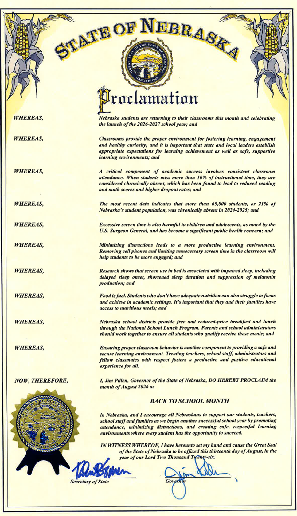 Image of the Proclamation for Back to School Month. See text version above for the contents.